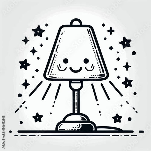 Smiling lamp illuminating a starry background in a cheerful artistic style
