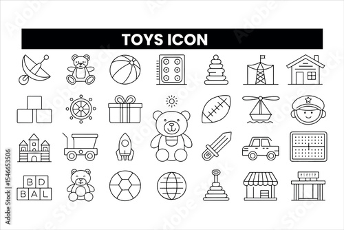 Set of  outline icons related to toys. Linear icon collection. Editable stroke. Vector illustration