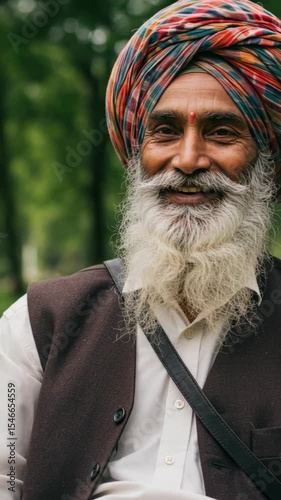 Wallpaper Mural An elderly South Asian man with a colorful turban and beard smiles warmly while standing in a lush green park filled with trees Torontodigital.ca