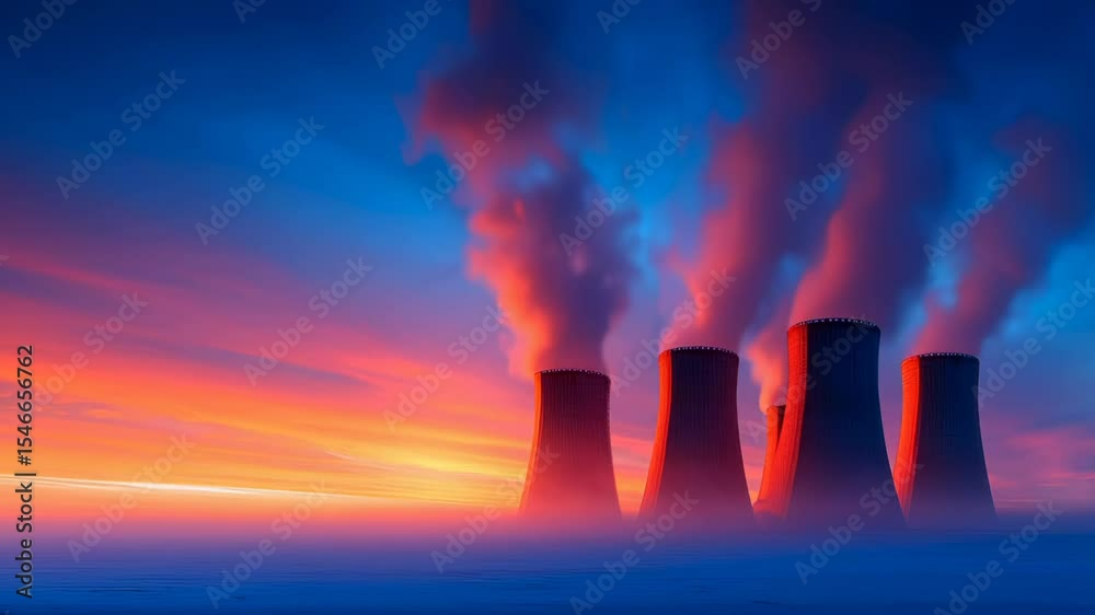 Four nuclear power plant cooling towers releasing steam against vibrant ...