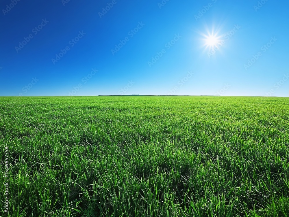 Obraz premium Lush Green Grass Field Under Bright Sunlight in Clear Blue Sky