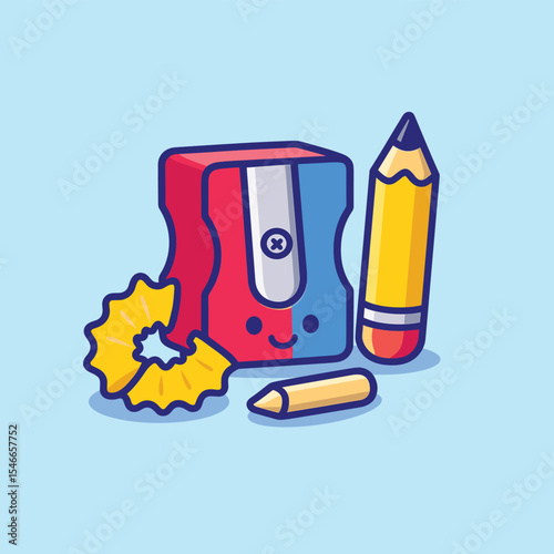 Pencil and sharpener cartoon vector icon illustration stationery school icon concept isolated design