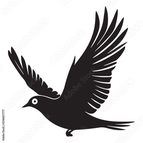Silhouette of a bird flying with wings spread isolated on white background