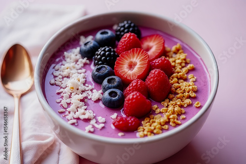 A bowl of fruit with blueberries, strawberries, and granola. The bowl is on a pink background