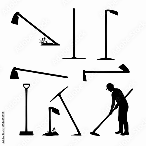 Hoes tools and farmer equipment silhouette set