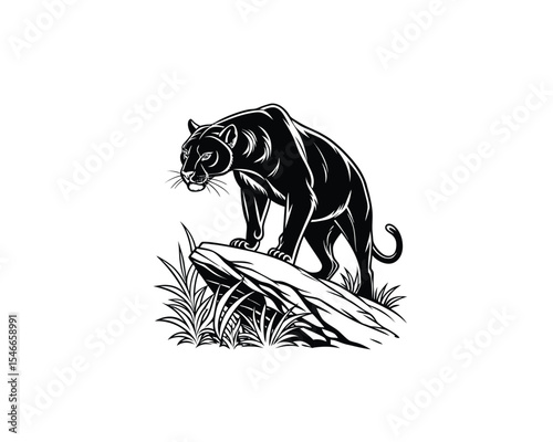 amidst foliage, Powerful Black Panther on a Rocky Outcrop, a bold, black and white graphic illustration of a black panther perched atop a rocky outcrop.