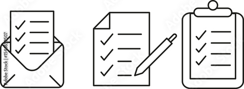 Checklist Icons Email, Paper, Clipboard – Simple Line Art for Organization and Productivity