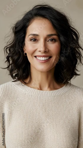 Wallpaper Mural A Hispanic woman with curly hair smiles warmly, showcasing her friendly demeanor. The setting features a soft, neutral backdrop Torontodigital.ca