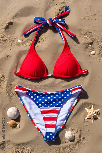 Red, White and Blue American Flag Bikini, Wet Sand Flat Lay 