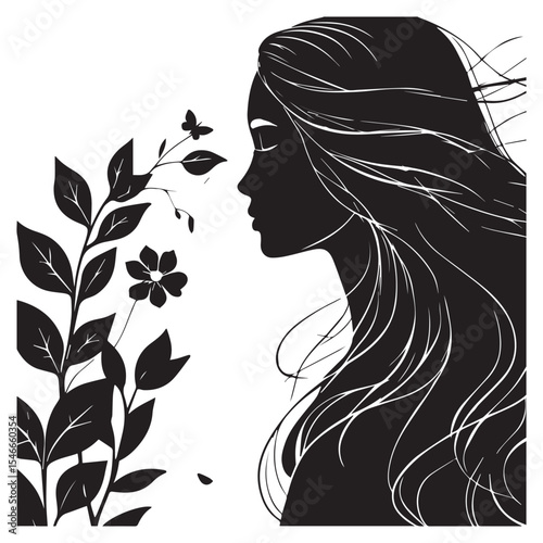 Elegant woman silhouette with flowers and butterfly isolated on white background
