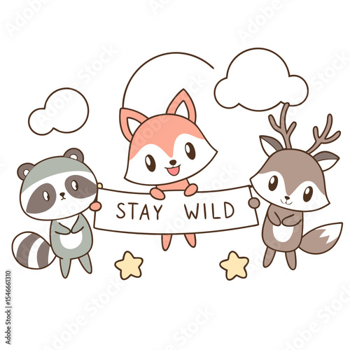 Cute Wild Animals with Stay Wild Slogan Holding Banner