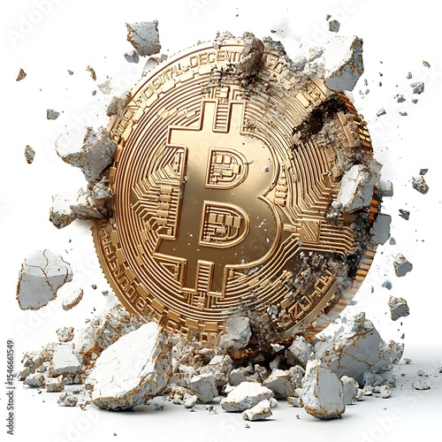 Digital bitcoin cryptocurrency crashing symbol destroying concrete structure cryptocurrency photo concept