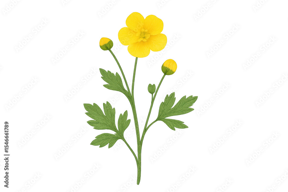 Obraz premium Bright yellow buttercup flower blooming with verdant leaves, floating against transparent background for effortless graphic design integration