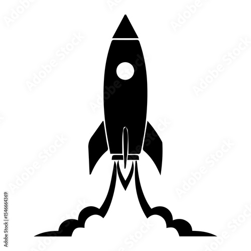 Silhouette of rocket launching with smoke trail on white background, bold black spacecraft blasting off, symbol of innovation, startup growth, space travel, ambition, STEM, and exploration

