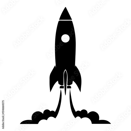 Silhouette of rocket launching with smoke trail on white background, bold black spacecraft blasting off, symbol of innovation, startup growth, space travel, ambition, STEM, and exploration

