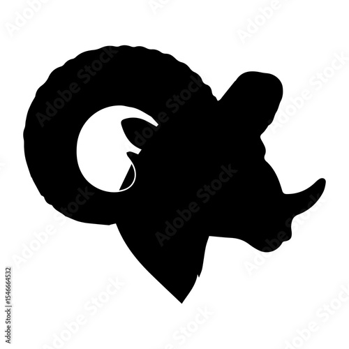 Silhouette of Capra falconeri (markhor), wild mountain goat with spiral horns, black profile on white background, symbol of wildlife, strength, alpine nature, conservation, and heritage

