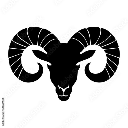 Silhouette of Capra falconeri (markhor), wild mountain goat with spiral horns, black profile on white background, symbol of wildlife, strength, alpine nature, conservation, and heritage

