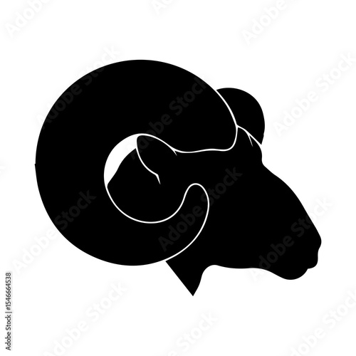 Silhouette of Capra falconeri (markhor), wild mountain goat with spiral horns, black profile on white background, symbol of wildlife, strength, alpine nature, conservation, and heritage

