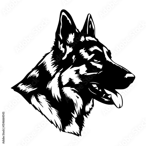 Silhouette of German Shepherd dog face in profile, black canine head on white background, symbol of loyalty, protection, intelligence, K9 service, security, obedience, and strength

