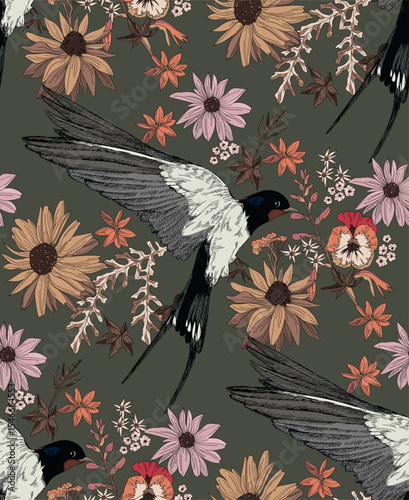 Flowers and leaves with swallows in vintage style, seamless pattern