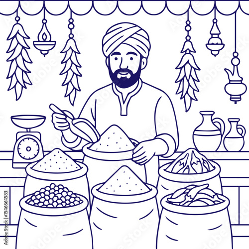 Indian spice vendor selling grains and herbs in line art style