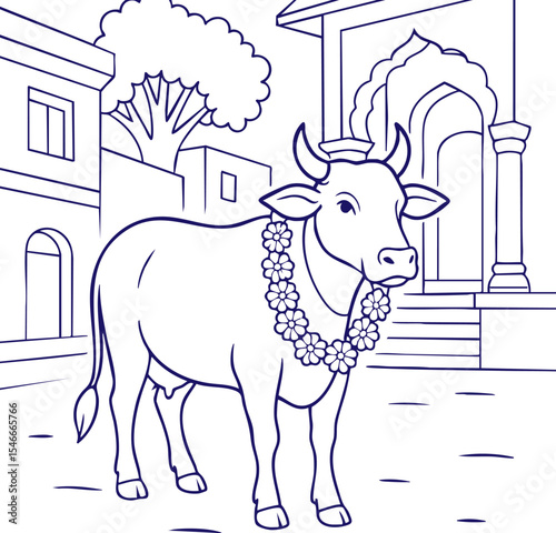 Sacred cow with garland in Indian street scene line art style