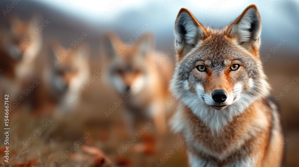 Fototapeta premium A stunning portrait of a coyote staring directly into the camera, surrounded by fellow coyotes in a beautiful, blurred natural environment showcasing wild beauty.
