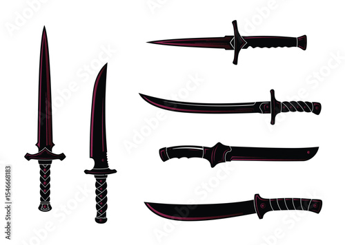 Collection of Stylized Black Daggers and Swords Vector Illustration