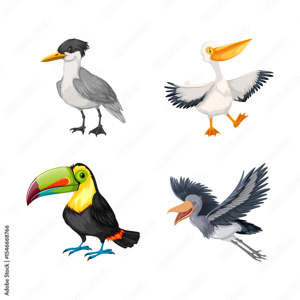Obraz premium Diverse collection of cartoon birds depicted in vibrant illustrations against a dark background