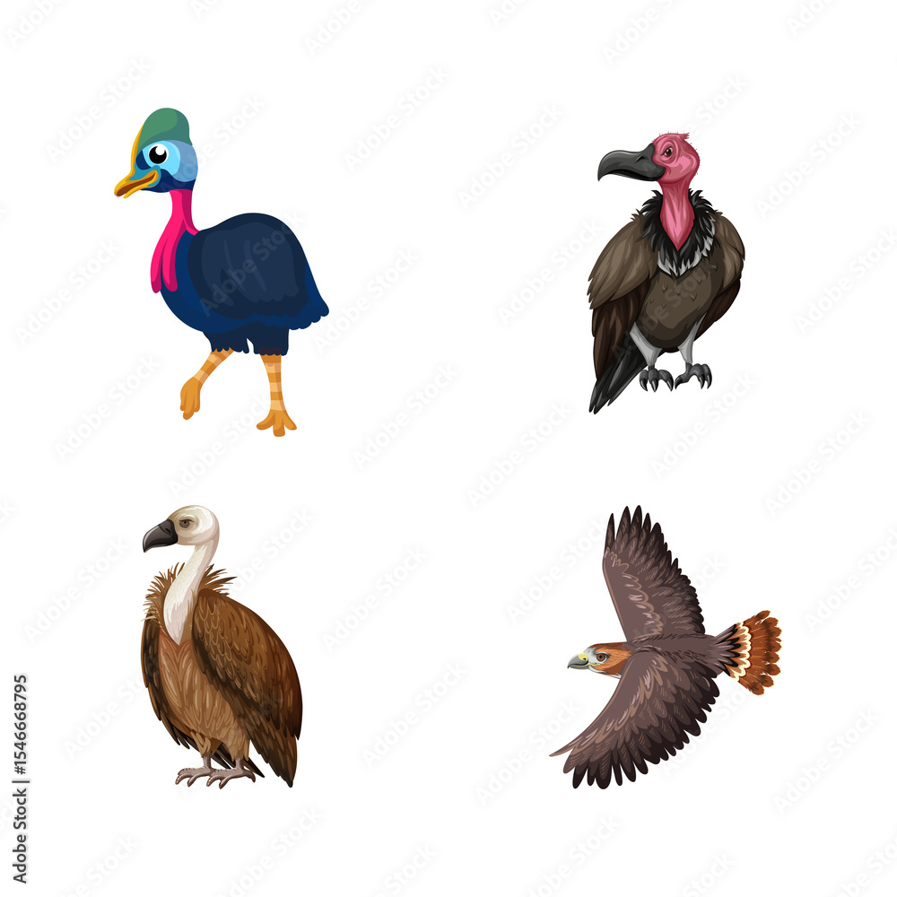 Obraz premium Illustration of four birds including cassowary vulture and hawk on black background