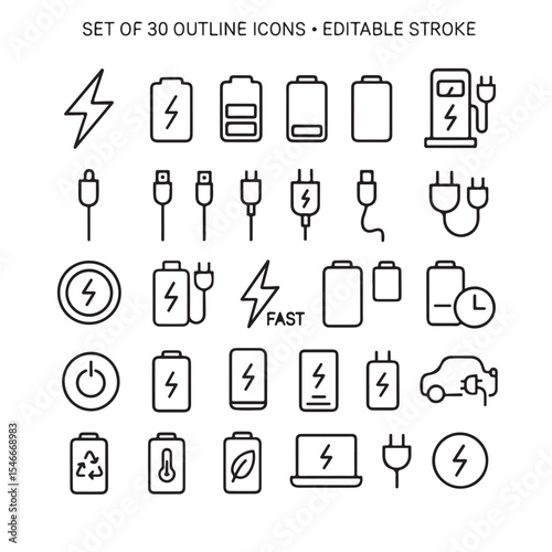 Set of 30 outline icons related to charging. Linear icon collection. Editable stroke. Vector illustration