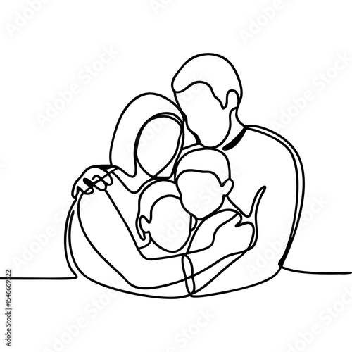 Happy family group hug line art illustration. Parents and children embrace in heartwarming family group hug. Tender moment perfect for family-themed designs, greeting cards, and social media posts.