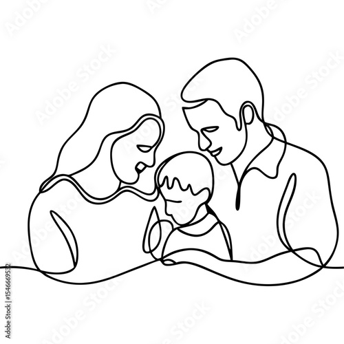 Happy family sitting together in one line art style. Parents and child are depicted in a minimalist continuous line drawing.