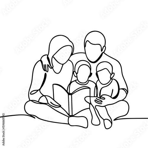 Happy family sitting together reading book. Parents and children enjoy story time at home. Family bonding moment perfect for creating heartwarming illustrations or line art for family-themed projects.