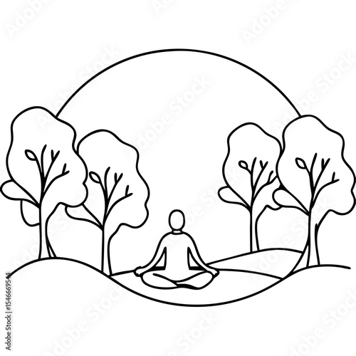 Person meditating in nature, surrounded by trees and sun. Peaceful mindfulness scene in park. Line art illustration perfect for meditation apps, wellness websites, or yoga studio brochures.