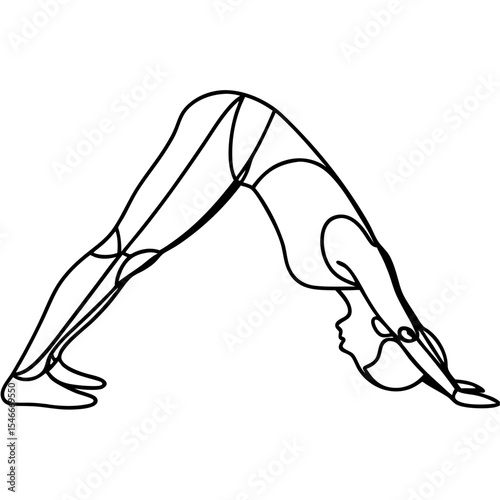 Person in downward dog yoga pose. Line art illustration of woman practicing yoga asana. Simple elegant downward facing dog pose perfect for yoga studio brochure or fitness class flyer.