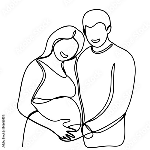 Expectant parents embracing, continuous line art depicting pregnant woman and her partner.  Simple line drawing illustration of happy couple awaiting baby. Perfect line art for pregnancy announcement.