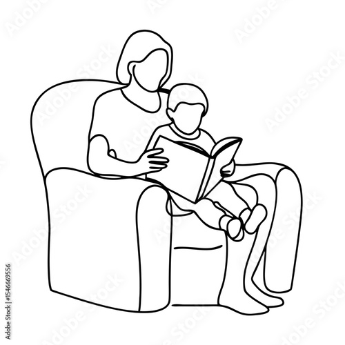 Mother reading book to child sitting on armchair. Mom and kid enjoy heartwarming bedtime story. Line art illustration perfect for children's book, educational materials, or family blog.