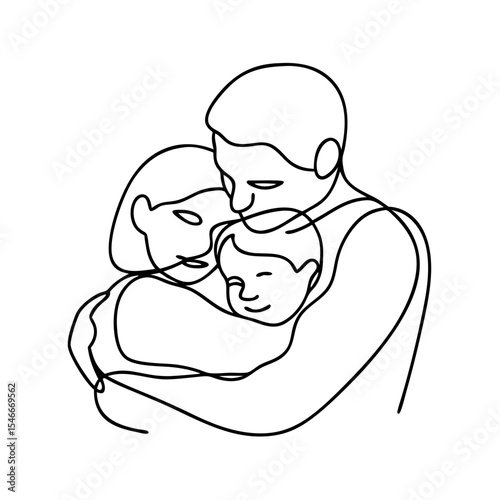 Happy family parents hugging child line art illustration. Parents embrace child showing love and care. Tender family moment perfect for family themed designs and heartwarming illustrations.
