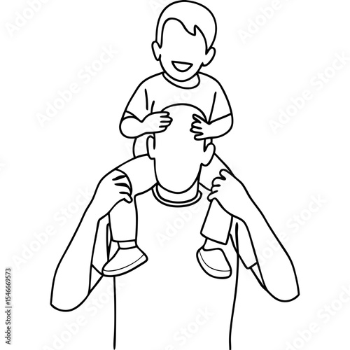 Child on father shoulders line art illustration. Happy child sitting on dad shoulders.  Father and son enjoying playful moment together.
