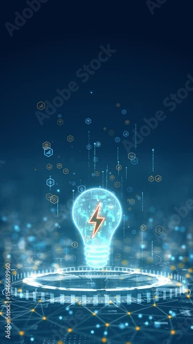 Motion graphic of a glowing light bulb with a lightning symbol, illustrating energy, innovation, and tech creativity in a futuristic vertical interface.