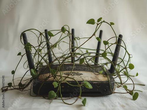 Nature-Infused Router: A Wi-Fi router is artfully entwined with thriving green plant life, symbolizing the fusion of technology and the natural world.