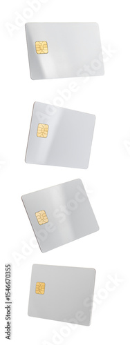 Bank card mockup set. Blank white plastic bankcards in various tilted positions with chip detail,