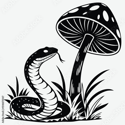 A snake rests calmly under a mushroom in a peaceful forest scene  image silhouette design vector art and illustration