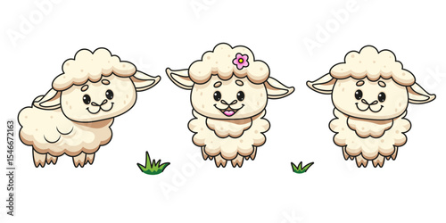 Set of Cute Cartoon Lambs with Flower. Vector Illustration