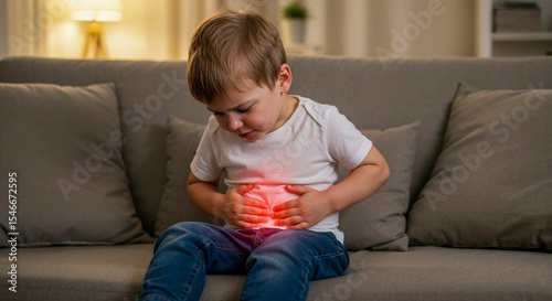 Caucasian baby boy 2 years old with abdominal pain sitting on sofa in cozy home, both hands on stomach, red glow highlights pain area, evening lighting