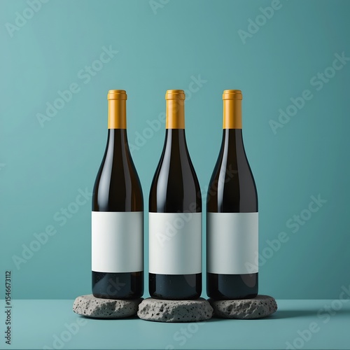 Three wine bottles with blank labels sit on stones against a teal background