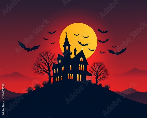 Halloween haunted house silhouette spooky bats moon landscape