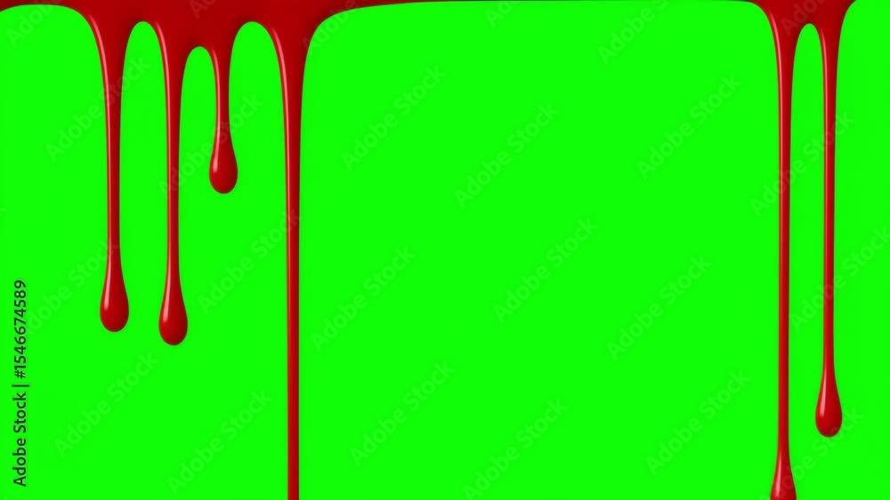 Dark red blood drips on green screen and transparent background. Liquid flowing down the surface in streams, melting drops create streaks. 3D animation. Chroma key, alpha channel