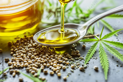 Golden cannabis oil being poured into a spoon Generative AI